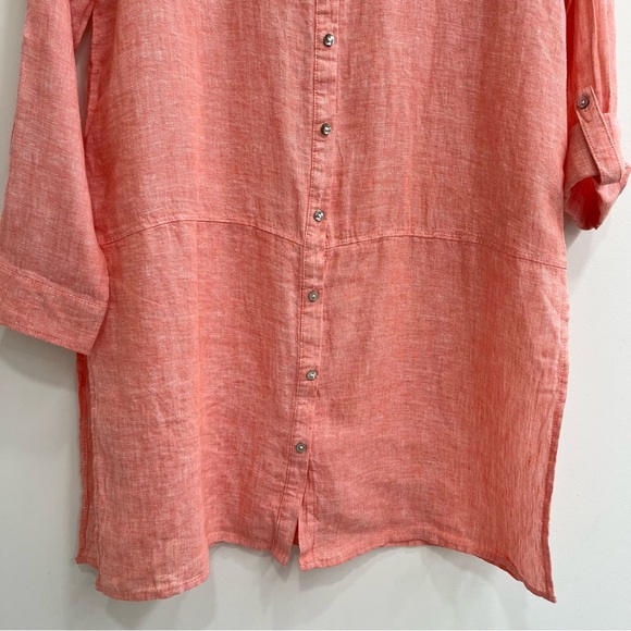 Tahari 100% linen button front tunic top heathered orange laganlook size medium - Picture 4 of 9